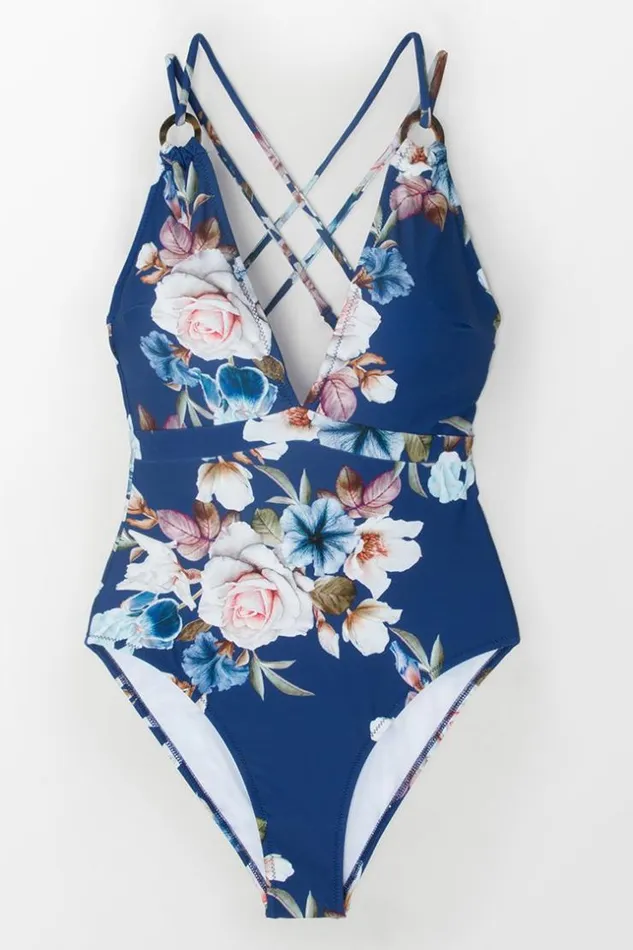 Women Tummy Control Swimsuits Cupshe Blue Floral Strappy One Piece Swimsuit Multicolor