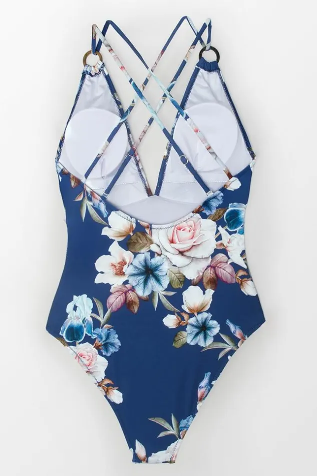 Women Tummy Control Swimsuits Cupshe Blue Floral Strappy One Piece Swimsuit Multicolor