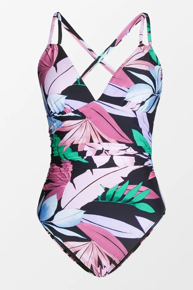 Women Tummy Control Swimsuits Cupshe Tropicool Leaf Double Strap Side Shirred One Piece Swimsuit Multicolor