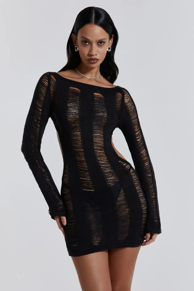 Women Umbra Black Backless Long Sleeve Shredded Knit Mini Dress Jaded London Mini Dresses