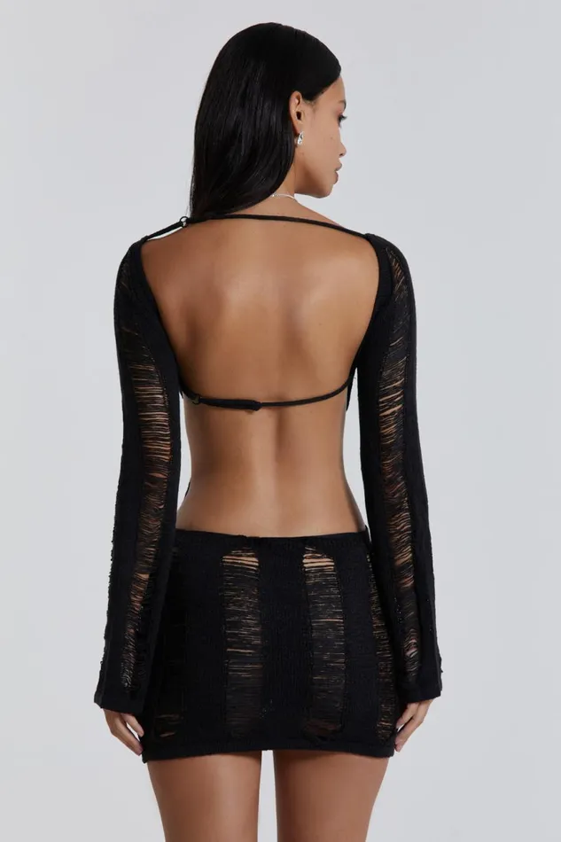 Women Umbra Black Backless Long Sleeve Shredded Knit Mini Dress Jaded London Mini Dresses