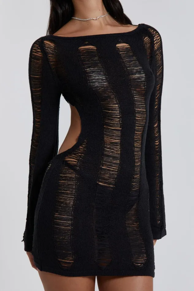 Women Umbra Black Backless Long Sleeve Shredded Knit Mini Dress Jaded London Mini Dresses