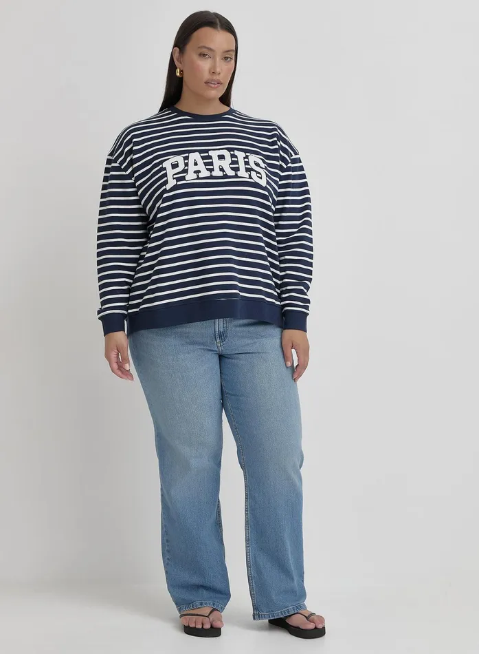 Women White And Plus Size Striped Paris Oversized Sweatshirt Anni 4th and Reckless Plus Size