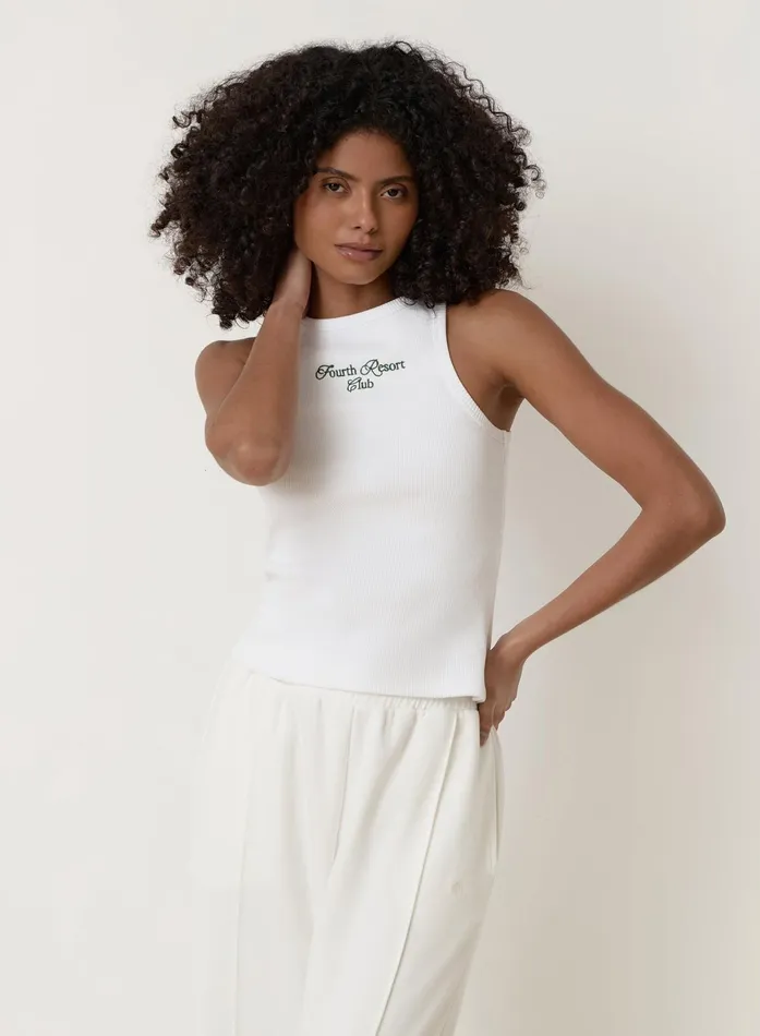 Women White Ribbed Embroidered Fourth Vest Top Serena 4th and Reckless Athleisure Women White Ribbed Embroidered Fourth Vest Top Serena 4th and Reckless Athleisure