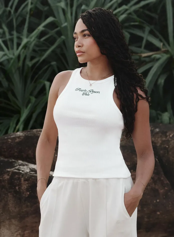 Women White Ribbed Embroidered Fourth Vest Top Serena 4th and Reckless Athleisure