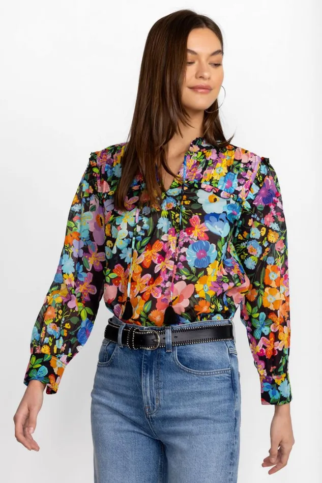 Women WILD BLOOM RUFFLE YOKE BLOUSE Wild Bloom Johnny Was Tops