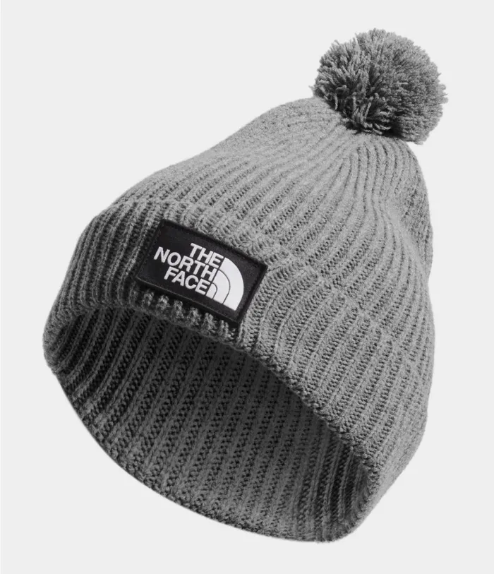 Womens TNF Logo Box Pom Beanie Tnf Medium Grey Heather The North Face Beanies and Scarves